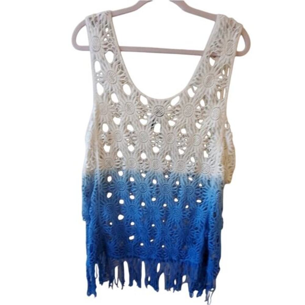 Deb Womens 3X Crochet Tank Top Ombre Blue White Sunflower Fringe Boho Sleeveless
